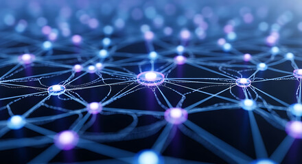 Poster - Abstract network with interconnected nodes and lines in blue and purple on a dark background - ai generated