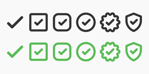 Poster - Set of checkmark icons in various shapes: checkmarks in circles, squares, and shields. Checkmark symbols for approval, validation, and confirmation. Vector element set.