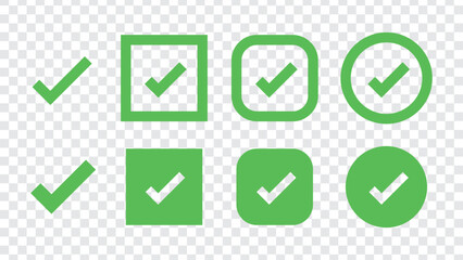 Poster - Set of checkmark icons in various shapes: checkmarks in circles, squares, and shields. Checkmark symbols for approval, validation, and confirmation. Vector element set.