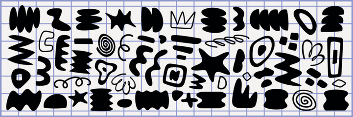 Poster - Abstract black shapes in various forms and patterns. Geometric and organic shapes, bold black designs. Repeated abstract shapes and patterns in black. Black and white vector set.