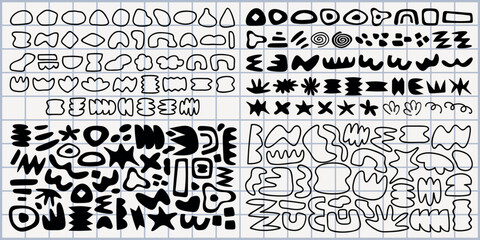 Poster - Abstract black shapes in various forms and patterns. Geometric and organic shapes, bold black designs. Repeated abstract shapes and patterns in black. Black and white vector set.