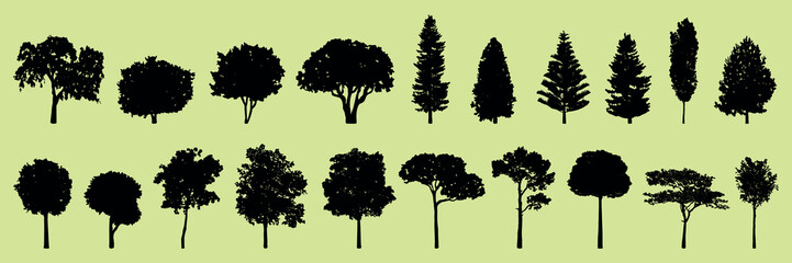 Poster - Silhouettes of various tree shapes against a light green background. Tree silhouettes vary in size and form, creating a diverse tree silhouette collection. Silhouette forest elements, vector set.