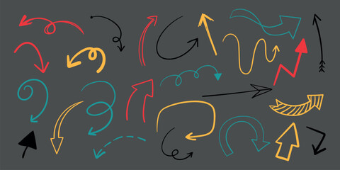 Poster - Colorful arrows on a gray background. Arrows in various shapes and colors. Curved, straight, and zigzag arrows. Arrows in red, yellow, and teal. Colorful elements vector set.