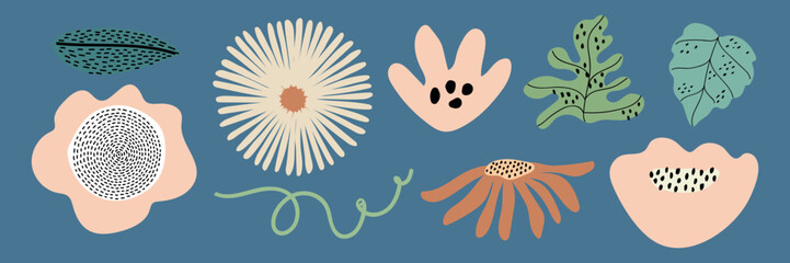Poster - Colorful abstract floral design with various flowers and leaves. Flowers and leaves in unique shapes. Abstract floral elements on a blue background. Pastel memphis element vector set.