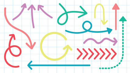 Poster - Colorful arrows in various directions and styles. Curved, straight, and zigzag arrows in bright colors. Arrows pointing up, down, and sideways. Colorful elements vector set.