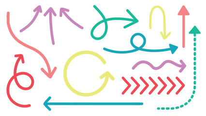 Poster - Colorful arrows in various directions and styles. Curved, straight, and zigzag arrows in bright colors. Arrows pointing up, down, and sideways. Colorful elements vector set.