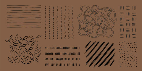 Poster - Abstract patterns with lines, loops, and leaves. Lines and loops create dynamic patterns. Leaves add a natural touch. Diverse abstract patterns for design. Element vector set.