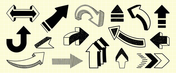 Poster - A collection of black and white arrows in various styles and directions. Arrows pointing up, down, left, and right. Bold and sketchy arrow designs. Hand drawn elements, vector set.