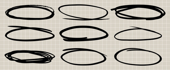 Poster - Set of nine black hand-drawn oval scribbles on a grid background. Sketchy ovals, imperfect circles, and abstract shapes create a dynamic design. Hand drawn doodle frames, vector set.