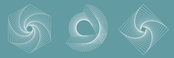 Poster - Geometric patterns in white lines on a teal background. Abstract shapes, geometric designs, and line art create intricate, mesmerizing patterns. Geometric elements, vector set.