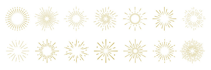 Poster - Set of 15 gold starburst icons. Starburst patterns in gold. Gold starburst designs, perfect for festive themes. Gold starburst collection for decoration. Festive elements, vector set.
