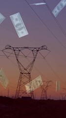 Poster - Falling dollar bills animation over power lines at sunset