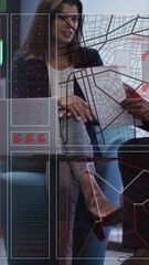 Poster - Analyzing data and discussing, business professionals with futuristic interface animation