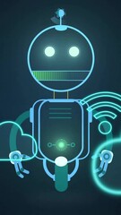 Poster - Robot with glowing eyes and cloud icons, futuristic technology animation