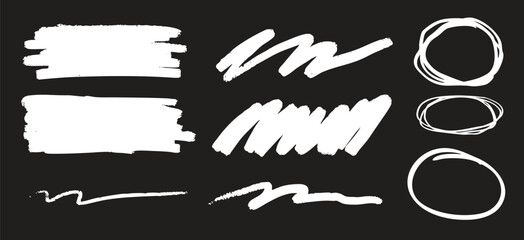 Poster - Set of white brush strokes and scribbles on a black background. Includes lines, circles, and scribbles. Perfect for design, art, and creative projects. Creative element set. Vectors.