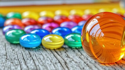 Poster - Glossy Colorful Marbles on Wooden Surface with Bright Orange Sphere in Focus and Blurry Backdrop