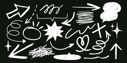 Poster - Chalkboard with white doodles, arrows, and symbols. Arrows pointing in various directions. Doodles include stars, squiggles, and speech bubbles. Chalkboard art. Hand drawn doodles set. Vectors.