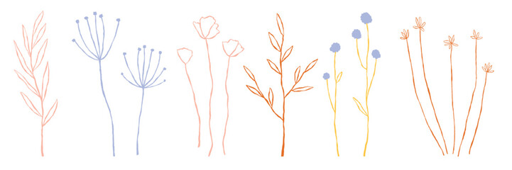 Poster - Minimalist floral line art with delicate flowers and leaves. Simple floral design, featuring flowers and leaves in pastel colors. Elegant floral art. Hand drawn floral illustrations set Vectors.