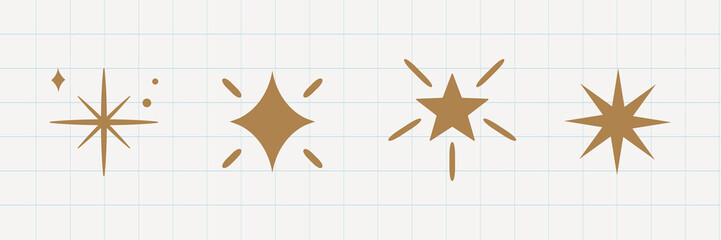 Poster - Set of four gold star icons on a grid background. Each star icon is unique, featuring different shapes and styles. Gold star icons on grid, stylish and decorative. Festive element set. Vectors.
