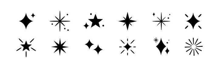 Poster - Set of 12 black star icons. Various star shapes, each unique. Perfect for design projects. Star icons for creative use. Diverse star designs. Festive element set. Vectors.