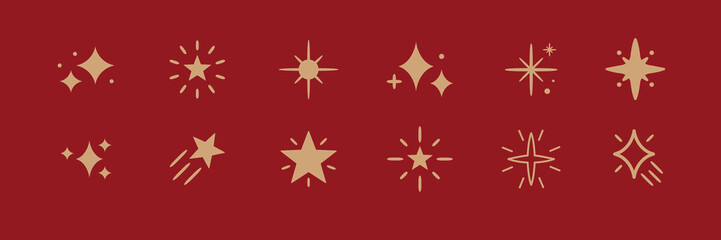 Poster - Gold star icons on a red background. Stars vary in shape and size. Star designs include sparkles and bursts. Perfect for festive or decorative use. Festive element set. Vectors.