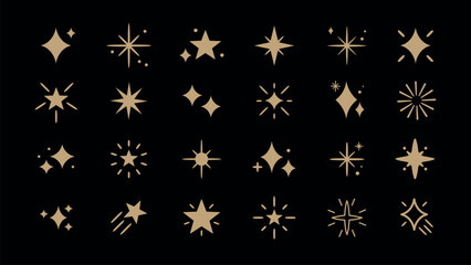 Poster - Set of gold star icons on black. Various star shapes, star designs, and star patterns. Gold stars, shining stars, decorative stars for design projects. Festive element set. Vectors.