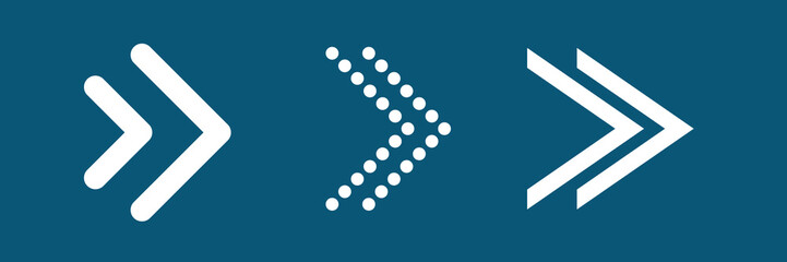 Poster - Three arrow icons on a blue background. Arrows pointing right. Different styles: solid, dotted, and outlined. Arrows symbolize direction and movement. Graphic element set. Vectors.