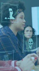 Poster - Facial recognition animation over diverse business team discussing in meeting room