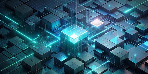Poster - A complex digital cityscape constructed from glowing blue cubes and illuminated circuits.