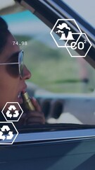 Poster - Woman driving convertible with environmental data and icons overlay animation