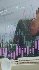 Poster - Examining architectural model, businesswoman analyzing financial data overlay in office
