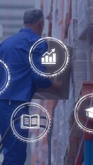 Poster - Organizing boxes in warehouse, worker interacts with animation of digital icons