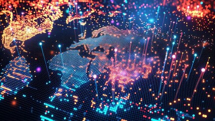 Poster - Colorful Digital World Map Representation with Glowing Nodes and Connections in 3D View