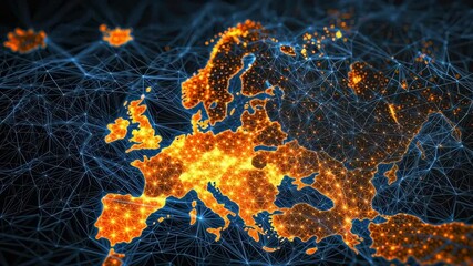 Poster - Digital Network Connection Map of Europe with Glowing Lights and Geometric Connections