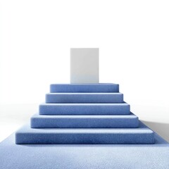 Poster - Minimalist Blue Steps Leading to a White Square Pedestal in a Bright Studio Environment