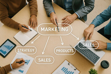 Poster - Business meeting discussing marketing strategy and sales teamwork