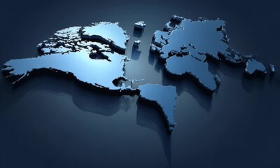 Poster - 3D world map, dark blue background, glowing effect on the sides of the planet Earth, 