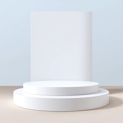 Poster - Modern White Minimalist Display Stand with Circular Pedestal and Blank Background for Product Presentation and Photography