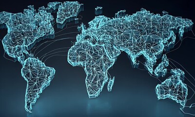Poster - 3D world map, dark blue background, glowing effect on the sides of the planet Earth, 