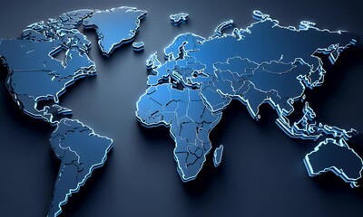 Poster - 3D world map, dark blue background, glowing effect on the sides of the planet Earth, 