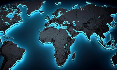 Poster - 3D world map, dark blue background, glowing effect on the sides of the planet Earth, 
