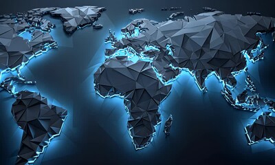 Poster - 3D world map, dark blue background, glowing effect on the sides of the planet Earth, 