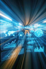 Poster - Futuristic digital data streams with glowing blue charts and world map image
