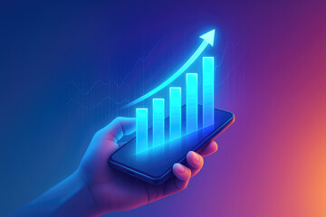 Poster - Hand holding smartphone displaying glowing blue bar graph with upward arrow mobile