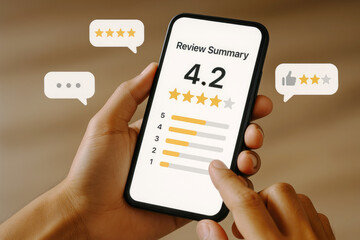 Poster - Hand holding smartphone displaying review summary with star ratings and bar graphs