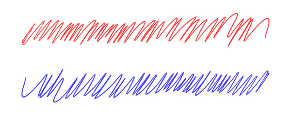 Fototapete - Red and Blue Highlighter Lines With Hand-Drawn Scrawl Hatching and Pencil Texture for Underlining on a Transparent or White Background