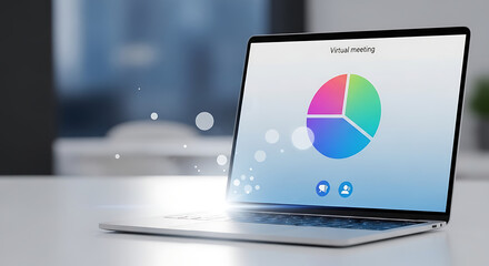 Poster - Laptop displaying a virtual meeting with a colorful pie chart on a white surface with a blurred background - ai generated
