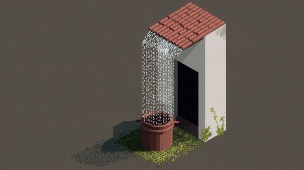 Poster - Pixelated house with a water feature.