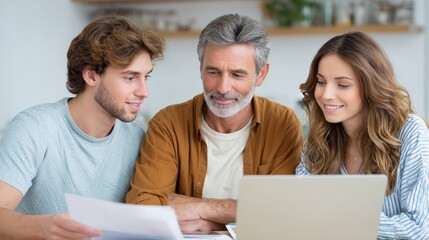 Aufkleber - Three people collaborate over a laptop, sharing ideas and documents in a bright, modern workspace, showcasing teamwork and engagement.