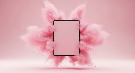 Tablet exploding with pink powder against a pink background